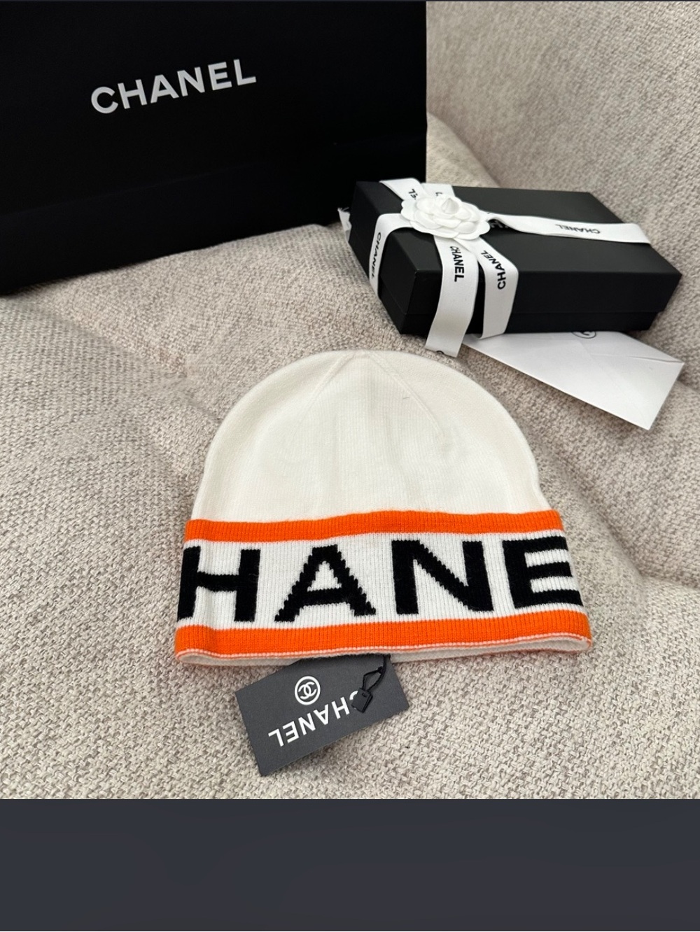 Orange and White Fashion Letter C Spellout Winter Beanie Hat